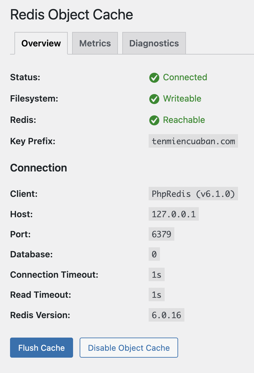 Redis Object Cache đã được cài đặt thành công