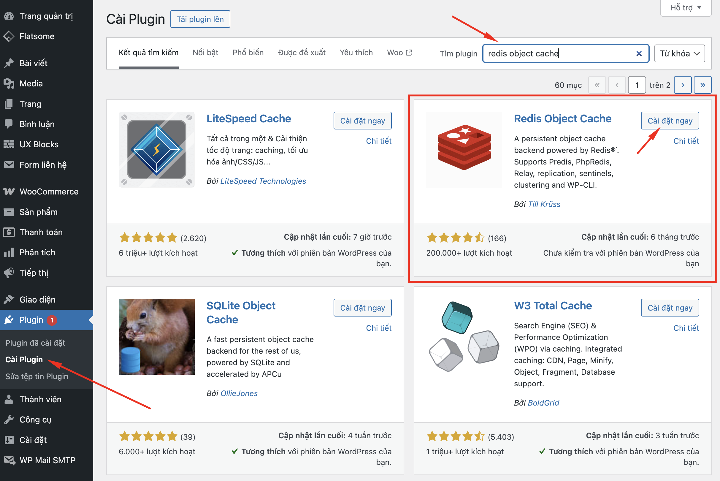 Cài đặt Plugin Redis Object Cache từ thư viện plugin WordPress